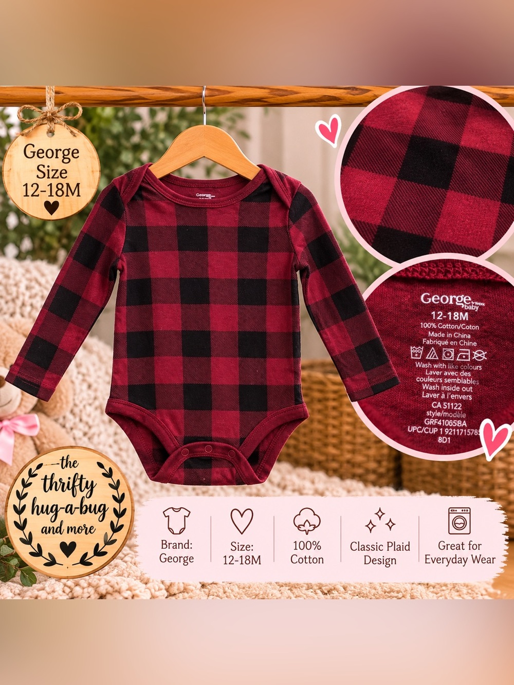 George Baby Red & Black Buffalo Plaid Bodysuit | 12–18M | 100% Cotton